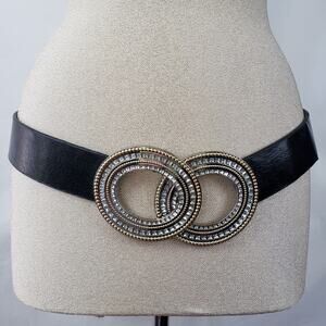 Chico's clear crystal rhinestone oval buckle black belt, S/M, GUC